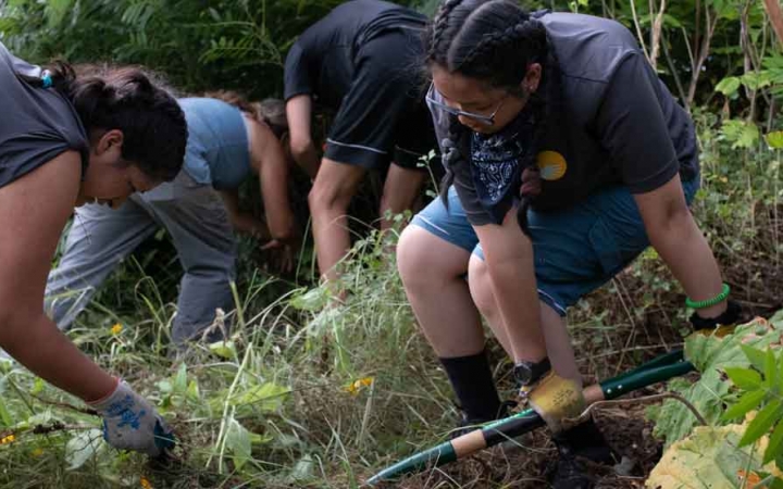 a group of students pull weeds while doing a service project with outward bound